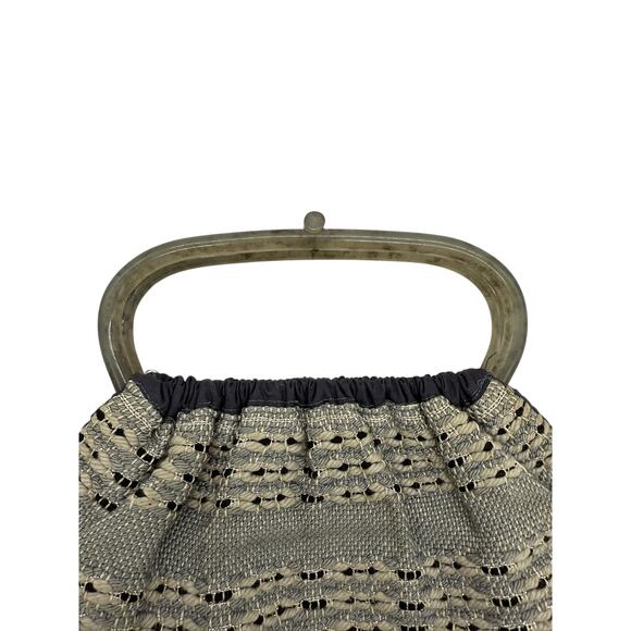 Vintage Antique 60's Style Macrame Top Handle Bag*Beautiful Navy Silver Threads - Picture 12 of 13